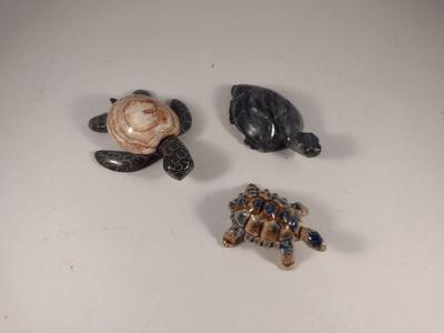 Collection of Turtle Figurines- Two Carved Stone, One Wade Porcelain