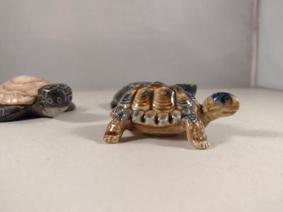 Collection of Turtle Figurines- Two Carved Stone, One Wade Porcelain