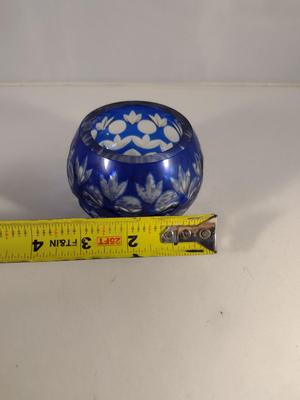 Small Bohemian Cobalt Blue Cut to Clear Glass Bowl- Approx 3" in Diameter, 2 1/2" Tall