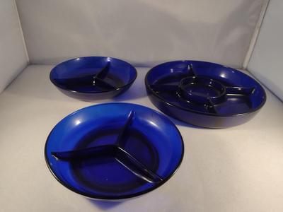 Three Cobalt Blue Glass Sectioned Bowls
