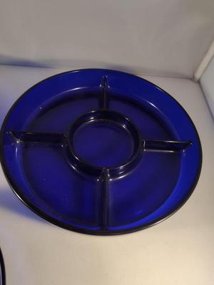 Three Cobalt Blue Glass Sectioned Bowls