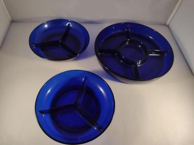 Three Cobalt Blue Glass Sectioned Bowls