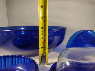 Collection of Cobalt Blue Glass Kitchen Ware- Bowls, Napkin Holder, Butter Dish, Spoon Rest