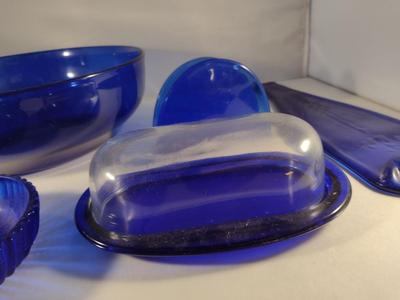 Collection of Cobalt Blue Glass Kitchen Ware- Bowls, Napkin Holder, Butter Dish, Spoon Rest