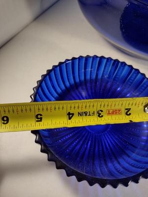 Collection of Cobalt Blue Glass Kitchen Ware- Bowls, Napkin Holder, Butter Dish, Spoon Rest