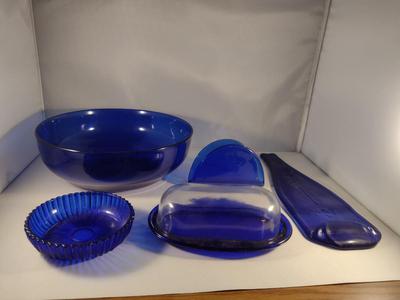 Collection of Cobalt Blue Glass Kitchen Ware- Bowls, Napkin Holder, Butter Dish, Spoon Rest