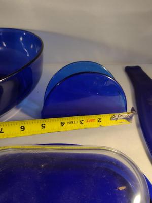 Collection of Cobalt Blue Glass Kitchen Ware- Bowls, Napkin Holder, Butter Dish, Spoon Rest