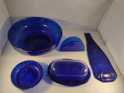 Collection of Cobalt Blue Glass Kitchen Ware- Bowls, Napkin Holder, Butter Dish, Spoon Rest