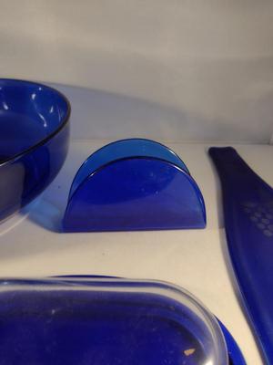 Collection of Cobalt Blue Glass Kitchen Ware- Bowls, Napkin Holder, Butter Dish, Spoon Rest