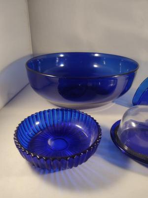 Collection of Cobalt Blue Glass Kitchen Ware- Bowls, Napkin Holder, Butter Dish, Spoon Rest