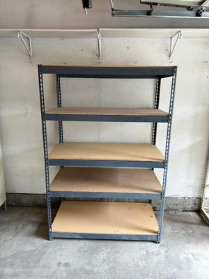 METAL FRAMED STORAGE SHELF WITH WOODEN SHELVES