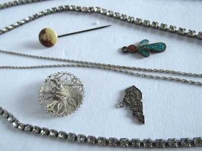 Misc Vintage Jewelry Lot, Long Rhinestone Necklace, Sterling Charms, More