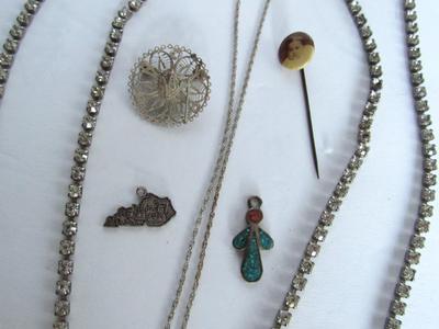 Misc Vintage Jewelry Lot, Long Rhinestone Necklace, Sterling Charms, More