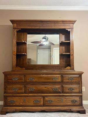 Large Wooden 8 Drawer Dresser With Mirror