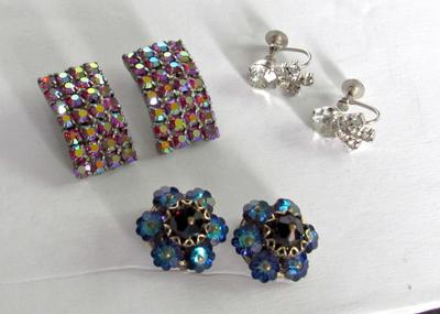 Alice Caviness Blue Earrings, Parco Prov Earrings, Unmarked Red AB