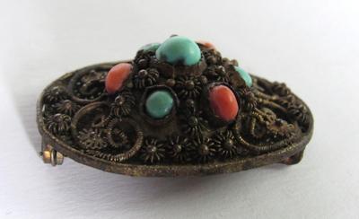 Beautiful Carved MOP Brooch and Earrings, Turquoise Colored Earrings and Antique Brooch