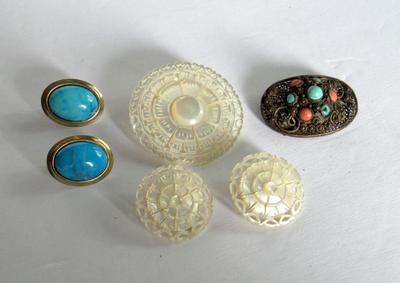 Beautiful Carved MOP Brooch and Earrings, Turquoise Colored Earrings and Antique Brooch