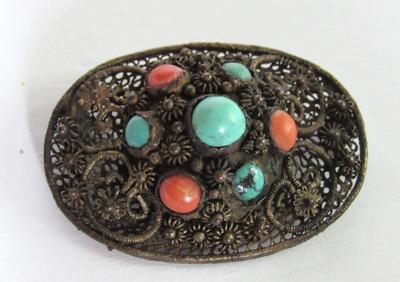 Beautiful Carved MOP Brooch and Earrings, Turquoise Colored Earrings and Antique Brooch