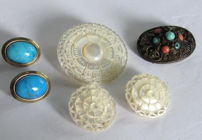 Beautiful Carved MOP Brooch and Earrings, Turquoise Colored Earrings and Antique Brooch