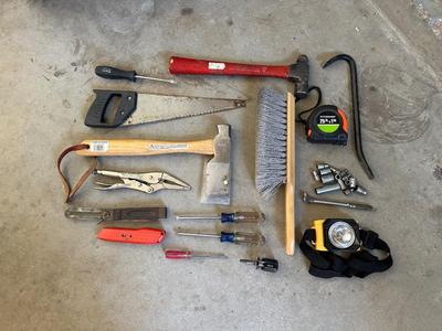 VARIETY OF HAND TOOLS AND A HEAD LIGHT