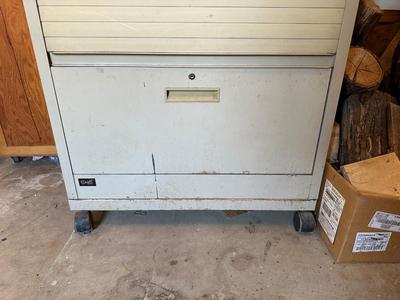 WRIGHT LINE CABINET W/ACCORDIAN DOOR AND DRAWER ON CASTERS