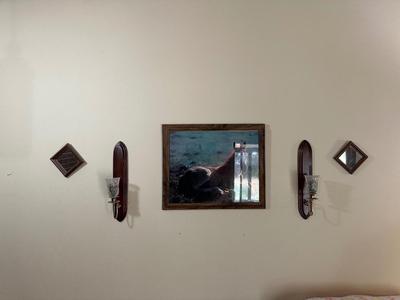 FRAMED HORSE PHOTO, CANDLE WALL SCONCES AND MIRRORS