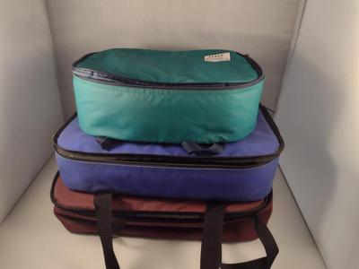 Three Sets of Pyrex Portables Glass Baking Dishes with Lids and Insulated Carry Cases