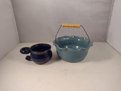 Two Glazed Pottery Pieces- Shaving Cup and Bowl Basket with Handle