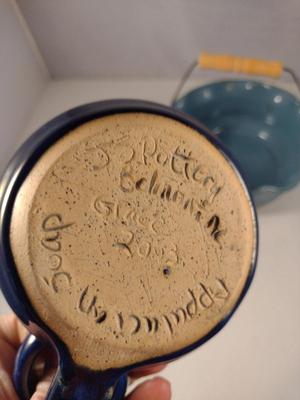 Two Glazed Pottery Pieces- Shaving Cup and Bowl Basket with Handle