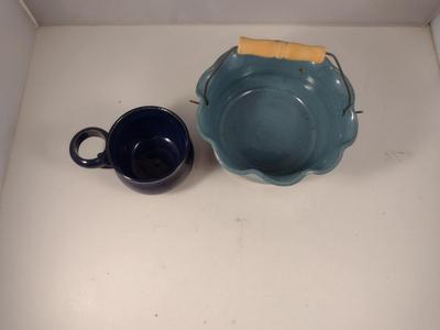 Two Glazed Pottery Pieces- Shaving Cup and Bowl Basket with Handle