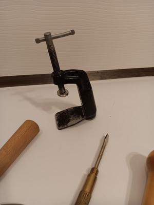 Assortment of older hand tools most with wooden handles