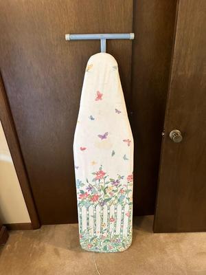 IRONING AND SLEEVE BOARD PLUS A CLOTHES IRON