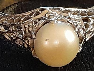 RARE 18K White Gold Filigree Art Deco Pearl Ring 1920s