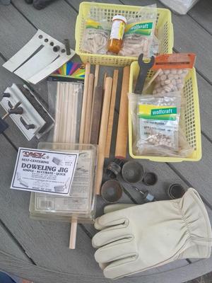 Task self-centering Doweling Jig Assortment of woodworking items and supplies
