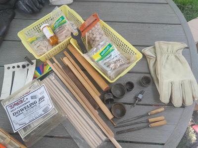 Task self-centering Doweling Jig Assortment of woodworking items and supplies