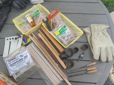 Task self-centering Doweling Jig Assortment of woodworking items and supplies