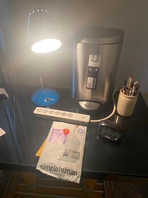 New Simple Human 1.6 Gal Trash Can, Desk Lamp Crock of Writing Instruments, and More