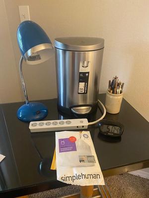 New Simple Human 1.6 Gal Trash Can, Desk Lamp Crock of Writing Instruments, and More