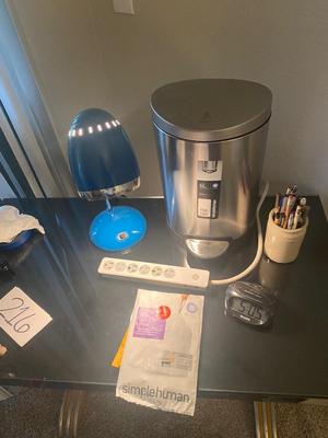 New Simple Human 1.6 Gal Trash Can, Desk Lamp Crock of Writing Instruments, and More