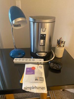 New Simple Human 1.6 Gal Trash Can, Desk Lamp Crock of Writing Instruments, and More