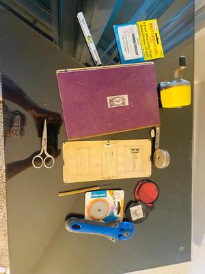 A Different Assortment of Office Needs - rolling cutter - vintage tape measure - and more
