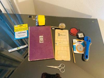 A Different Assortment of Office Needs - rolling cutter - vintage tape measure - and more