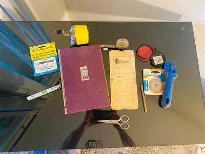 A Different Assortment of Office Needs - rolling cutter - vintage tape measure - and more