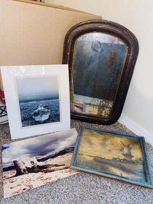 ANTIQUE Mirror, Painting and 2 Photographs