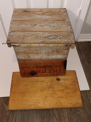 Farmhouse style wooden box with lid and antique cutting boards