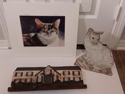 matted Cat print - clay cat statue and a house key hook