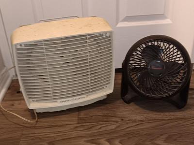 Vintage retro GE electric box fan with Honeywell small tabletop fan