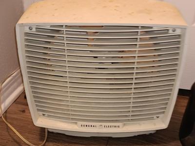 Vintage retro GE electric box fan with Honeywell small tabletop fan