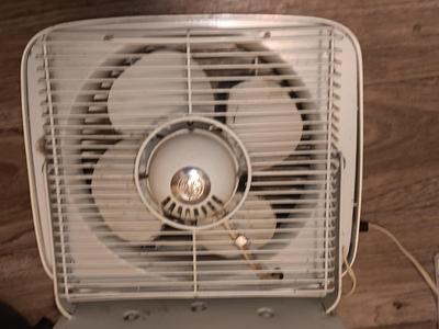 Vintage retro GE electric box fan with Honeywell small tabletop fan