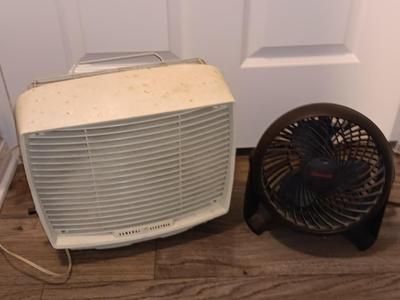 Vintage retro GE electric box fan with Honeywell small tabletop fan